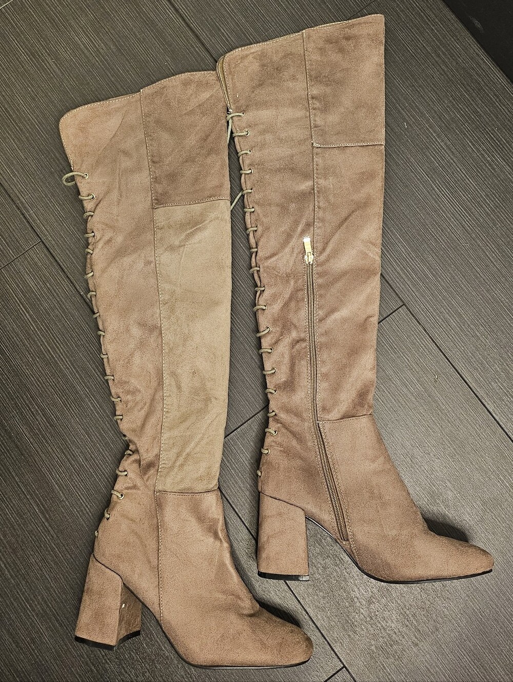 Ollio Taupe Lace-Back Over-the-Knee Block Heel Boots